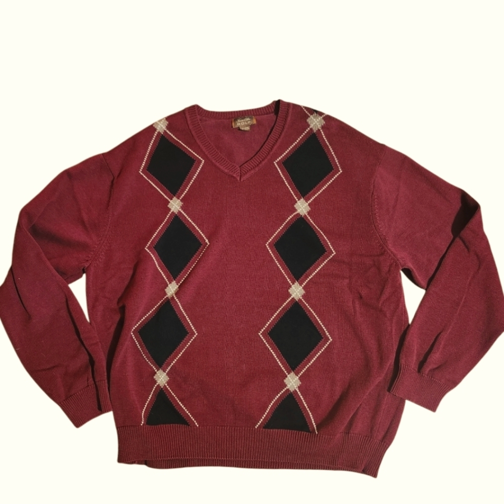 Tasso Elba Golf 100% cotton argyle v-neck sweater burgundy black mens XL